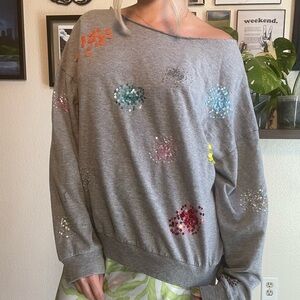 Off-the-Shoulder Gray Sweater with Sequin Accents